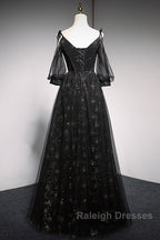 Black Straps Tulle Long Party Dress With Sleeves Evening Dress, Black A-Line Prom Dress Party Dresses