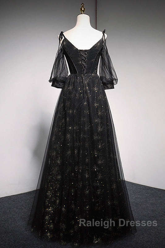 Black Straps Tulle Long Party Dress With Sleeves Evening Dress, Black A-Line Prom Dress Party Dresses