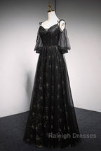 Black Straps Tulle Long Party Dress With Sleeves Evening Dress, Black A-Line Prom Dress Party Dresses