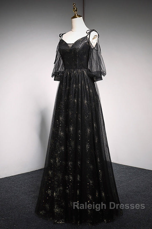 Black Straps Tulle Long Party Dress With Sleeves Evening Dress, Black A-Line Prom Dress Party Dresses