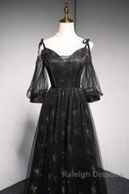 Black Straps Tulle Long Party Dress With Sleeves Evening Dress, Black A-Line Prom Dress Party Dresses