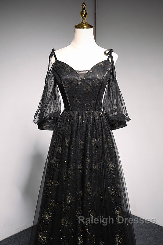 Black Straps Tulle Long Party Dress With Sleeves Evening Dress, Black A-Line Prom Dress Party Dresses