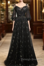 Black Straps Tulle Long Party Dress With Sleeves Evening Dress, Black A-Line Prom Dress Party Dresses