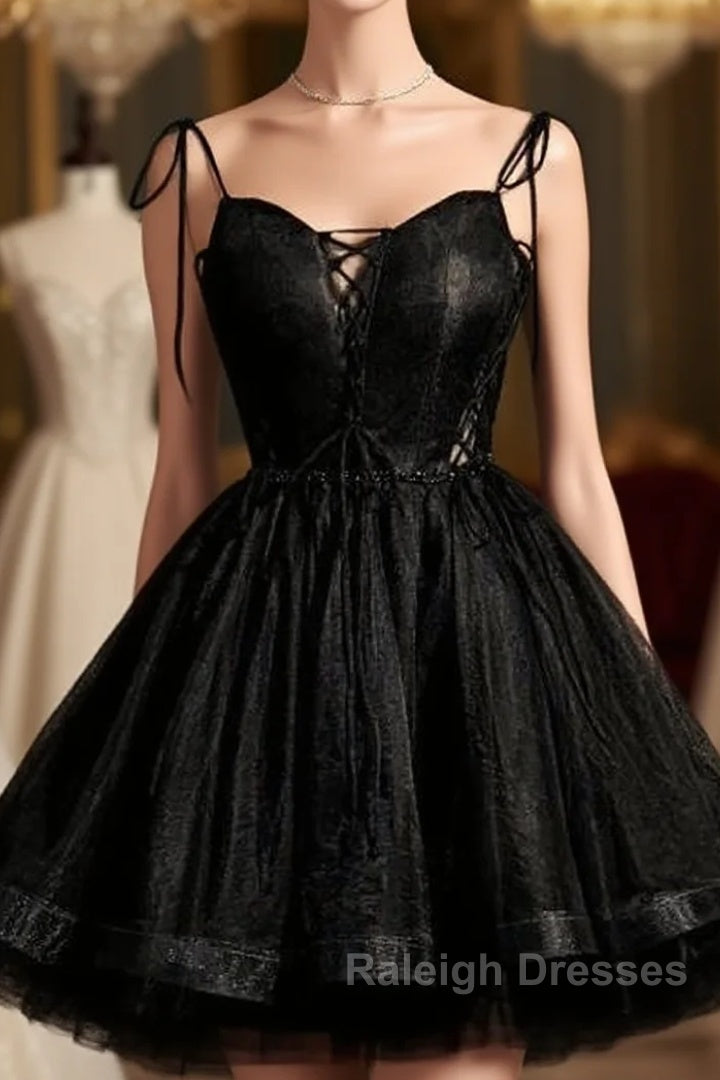 Black Straps Tulle Short Homecoming Dress Prom Dress, Little Black Party Dresses