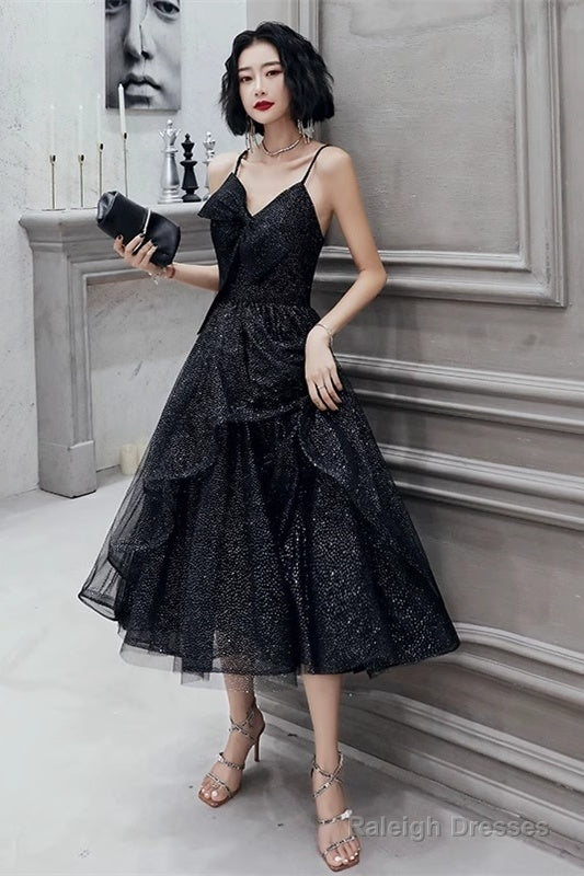 Black Straps Tulle Tea Length Homecoming Dress, Black Short Prom Dress Secondary image