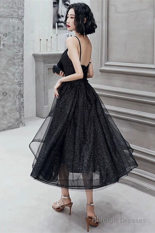 Black Straps Tulle Tea Length Homecoming Dresses Black Short Prom Dresses