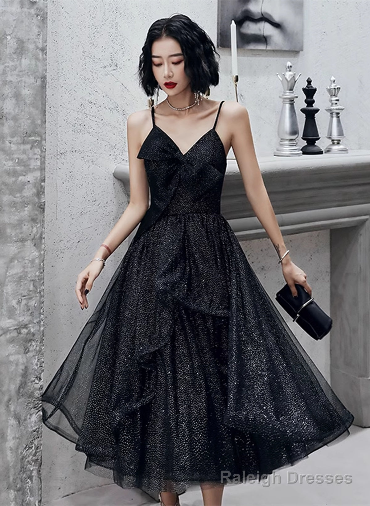 Black Straps Tulle Tea Length Homecoming Dresses Black Short Prom Dresses