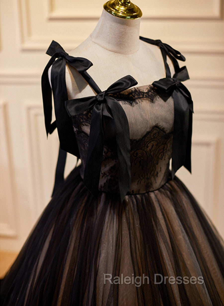Black Straps Tulle with Lace Long Formal Dress, Black A-line Prom Dress Secondary image