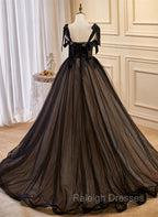 Black Straps Tulle with Lace Long Formal Dress, Black A-line Prom Dress