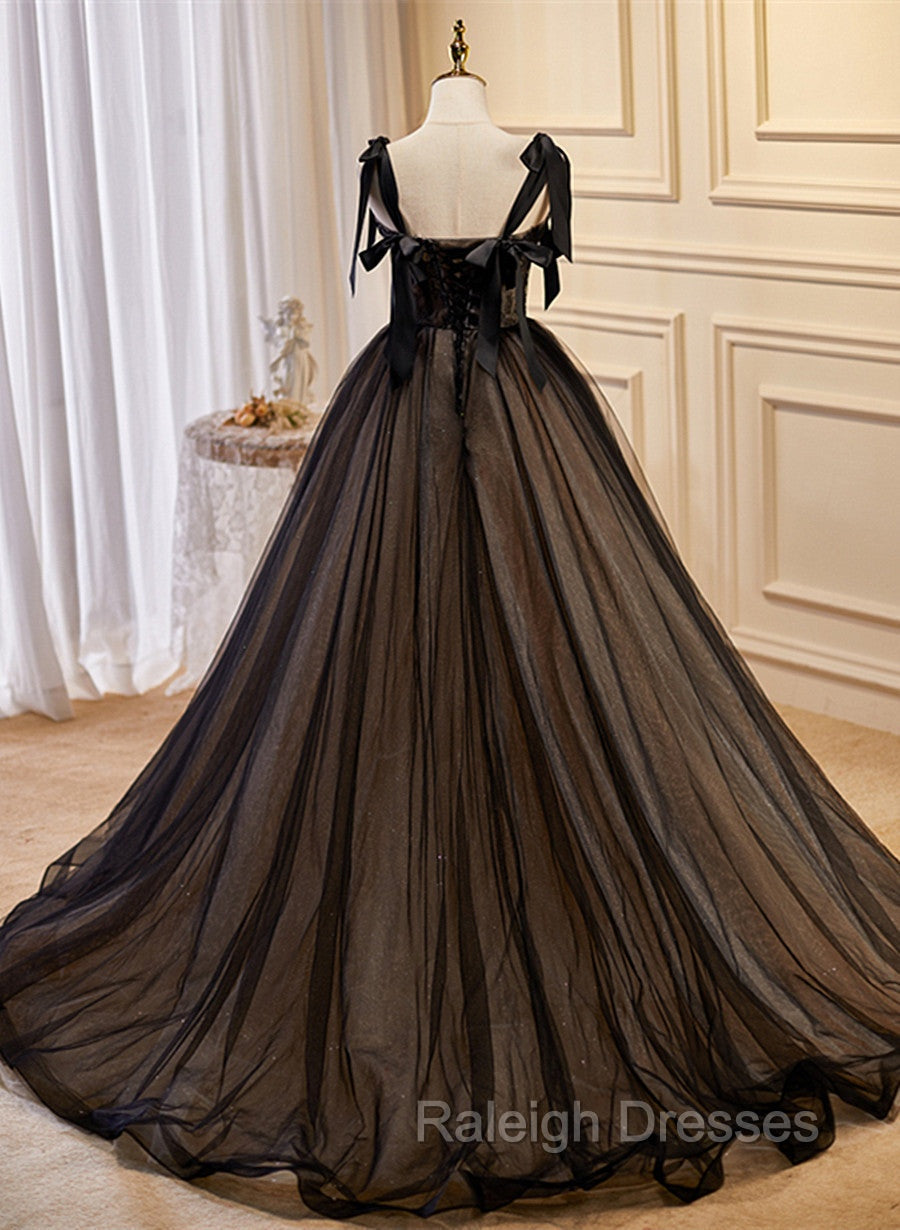 Black Straps Tulle with Lace Long Formal Dress, Black A Line Prom Dress