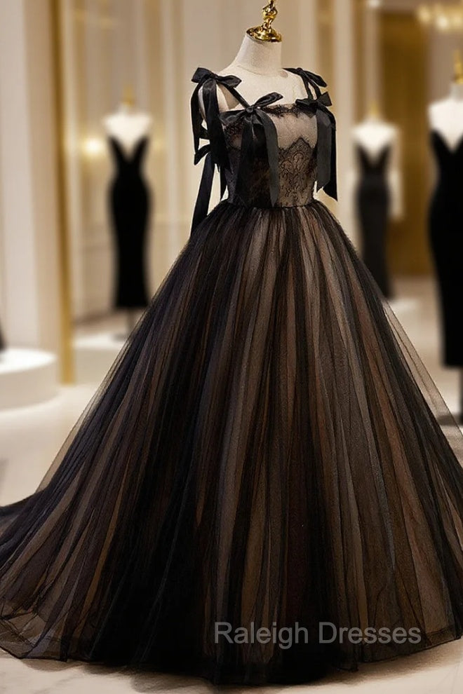 Black Straps Tulle with Lace Long Formal Dress, Black A Line Prom Dress