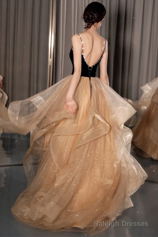 Black Straps V-Neckline Layers Tulle Long Party Dresses, Glam Prom Dresses Formal Gown