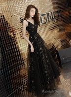 Black Straps V-Neckline Long Party Dress, A-Line Black Tulle Prom Dress