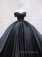 Black Sweetheart Neck Satin Long Prom Gowns, Black Sweet 16 Dress