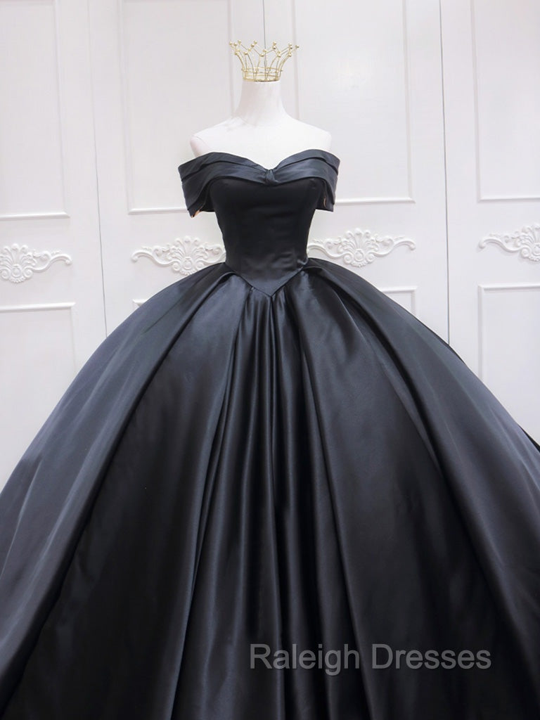 Black Sweetheart Neck Satin Long Prom Gowns, Black Sweet 16 Dress