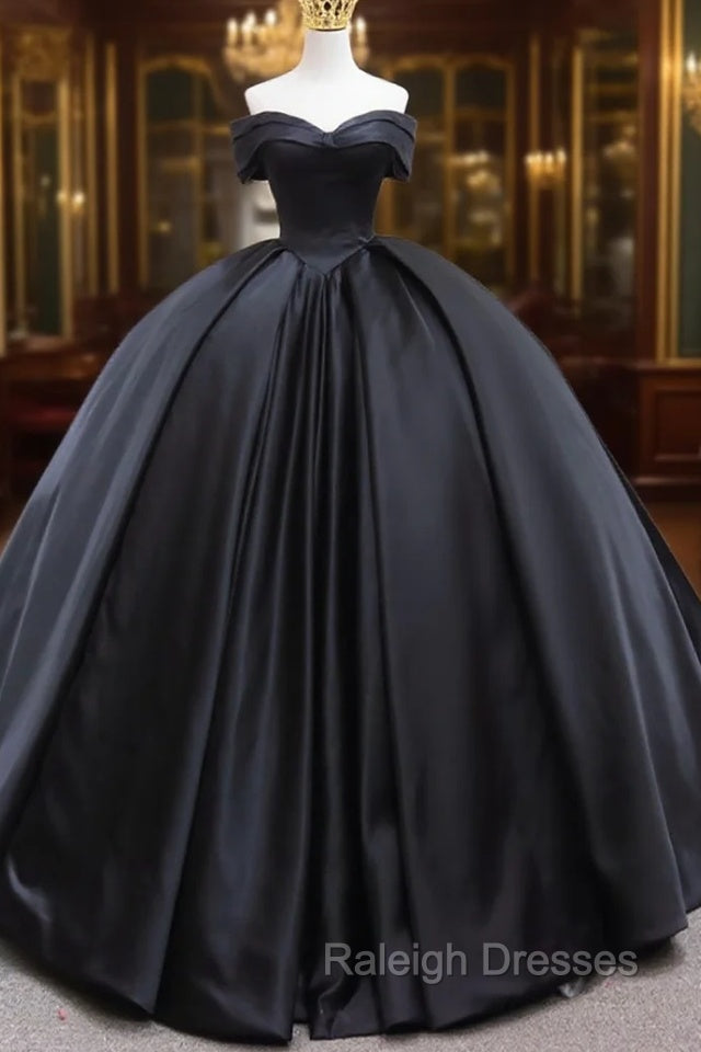 Black Sweetheart Neck Satin Long Prom Gowns, Black Sweet 16 Dress