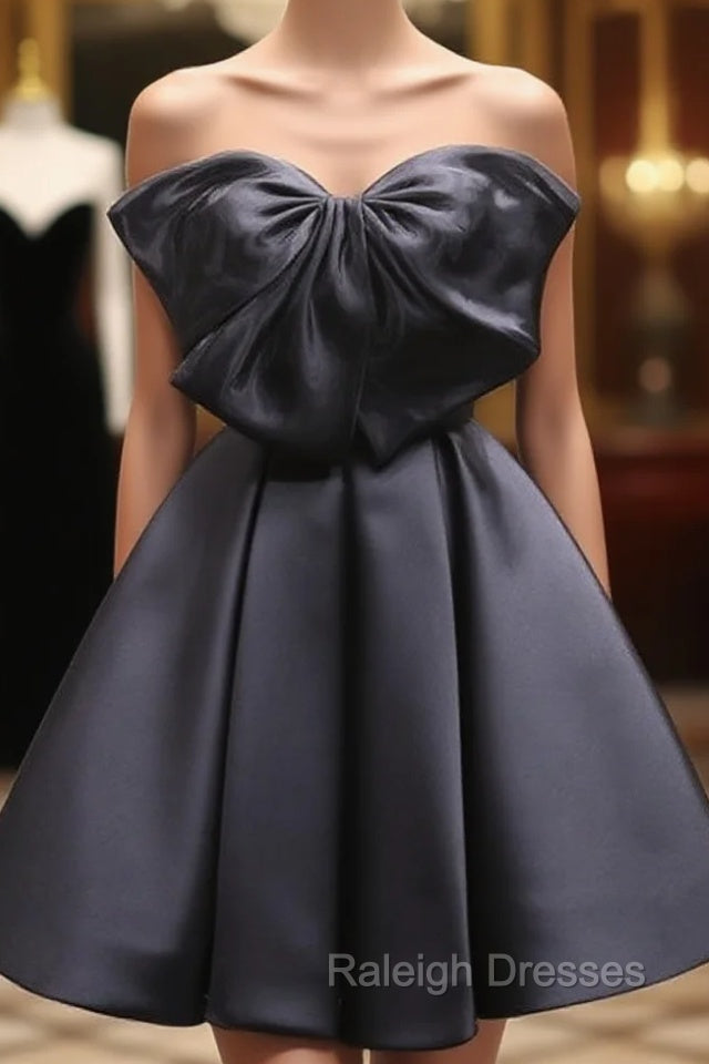 Black Sweetheart Neck Satin Short Prom Dress, Black Homecoming Dress