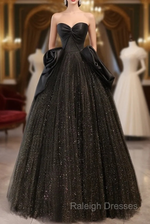 Black Sweetheart Neck Satin Tulle Long Prom Dress, Black Long Formal Dress