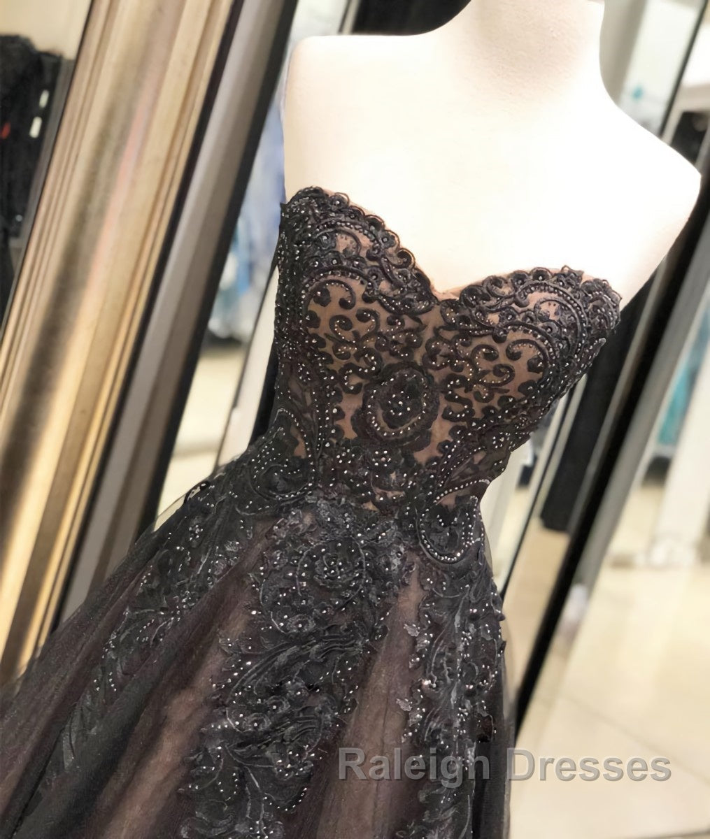Black sweetheart neck tulle lace long prom Dresses black Prom Dresses Secondary image