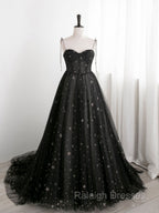 Black Sweetheart Neck Tulle Long Prom Dress A Line Black Evening Dress