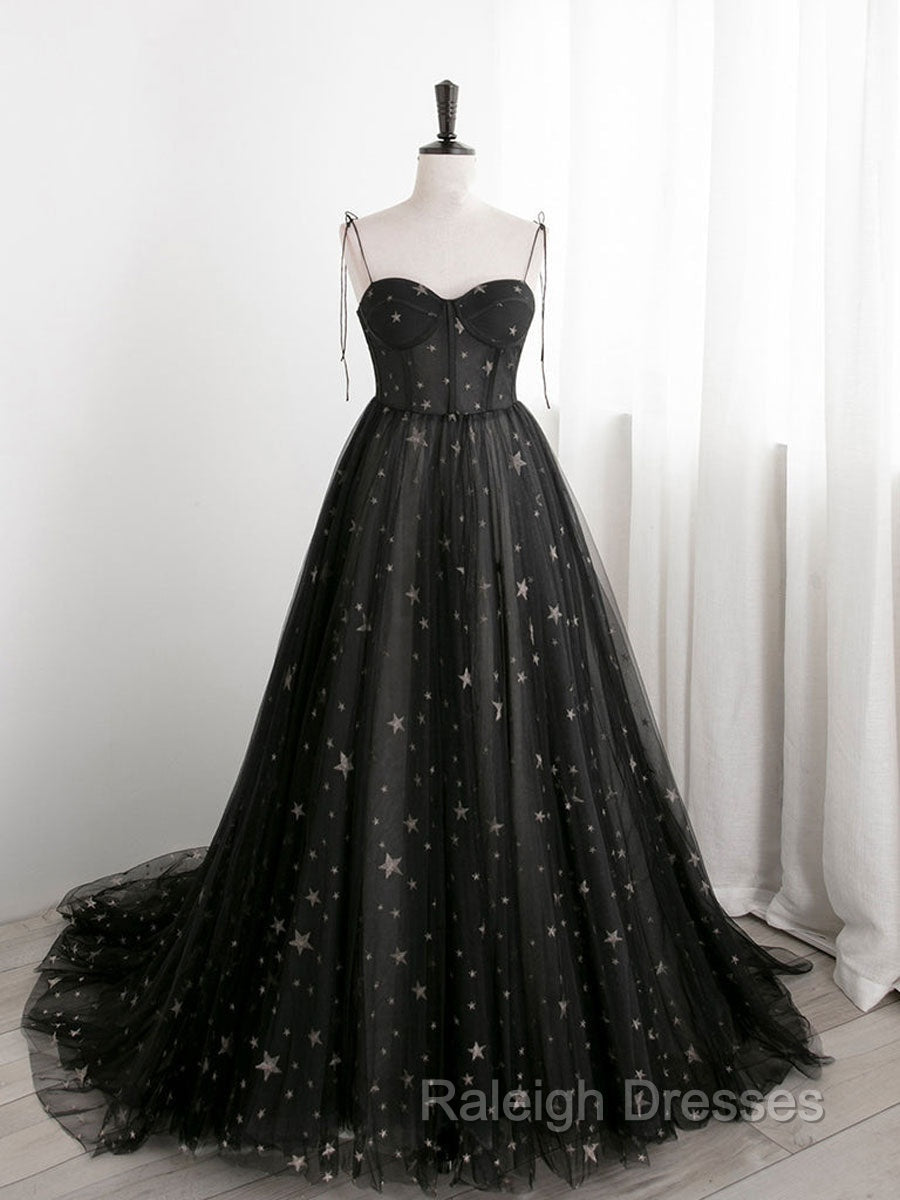 Black Sweetheart Neck Tulle Long Prom Dress A Line Black Evening Dress