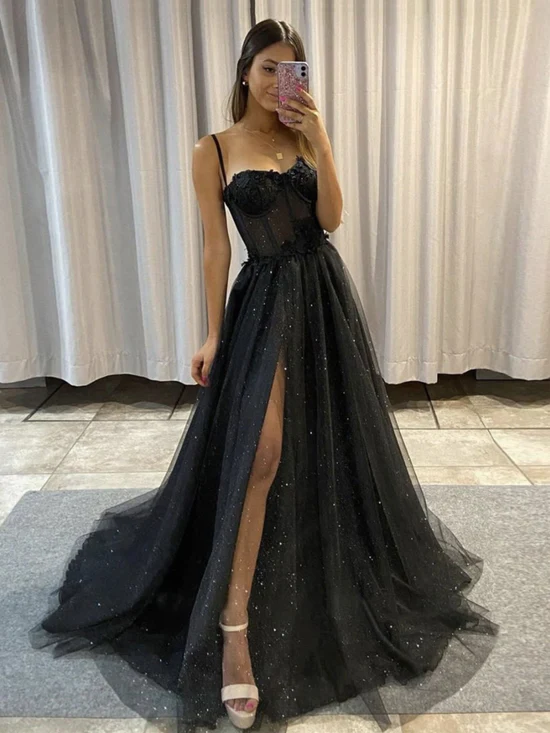 Black Sweetheart Neck Tulle Long Prom Dress, Black Tulle Evening Dress