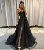 Black Sweetheart Neck Tulle Long Prom Dresses Black Tulle Prom Dress Sparkle Sweetheart Prom Gowns