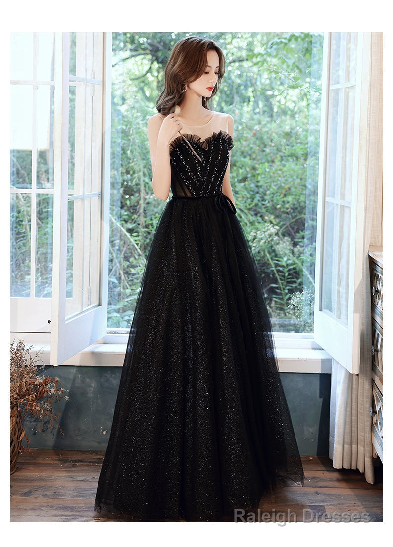Black Sweetheart Neck Tulle Sequin Beads Long Prom Dress