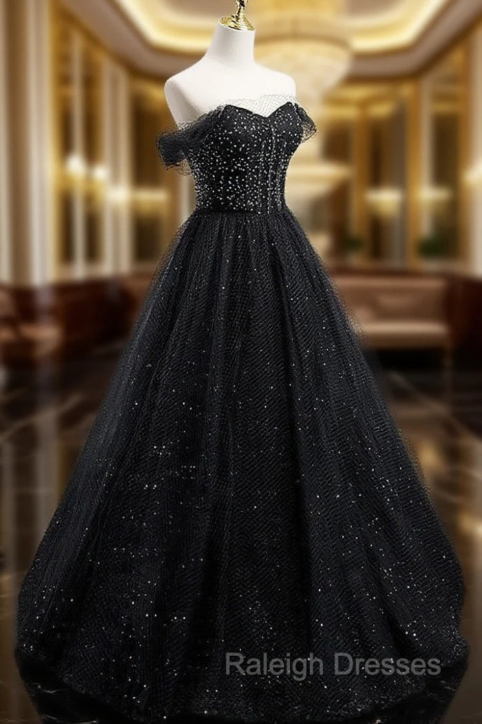 Black Sweetheart Off Shoulder Tulle Long Prom Dress, Black Evening Dress Main image