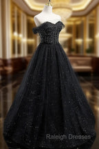 Black Sweetheart Off Shoulder Tulle Long Prom Dress, Black Evening Dress