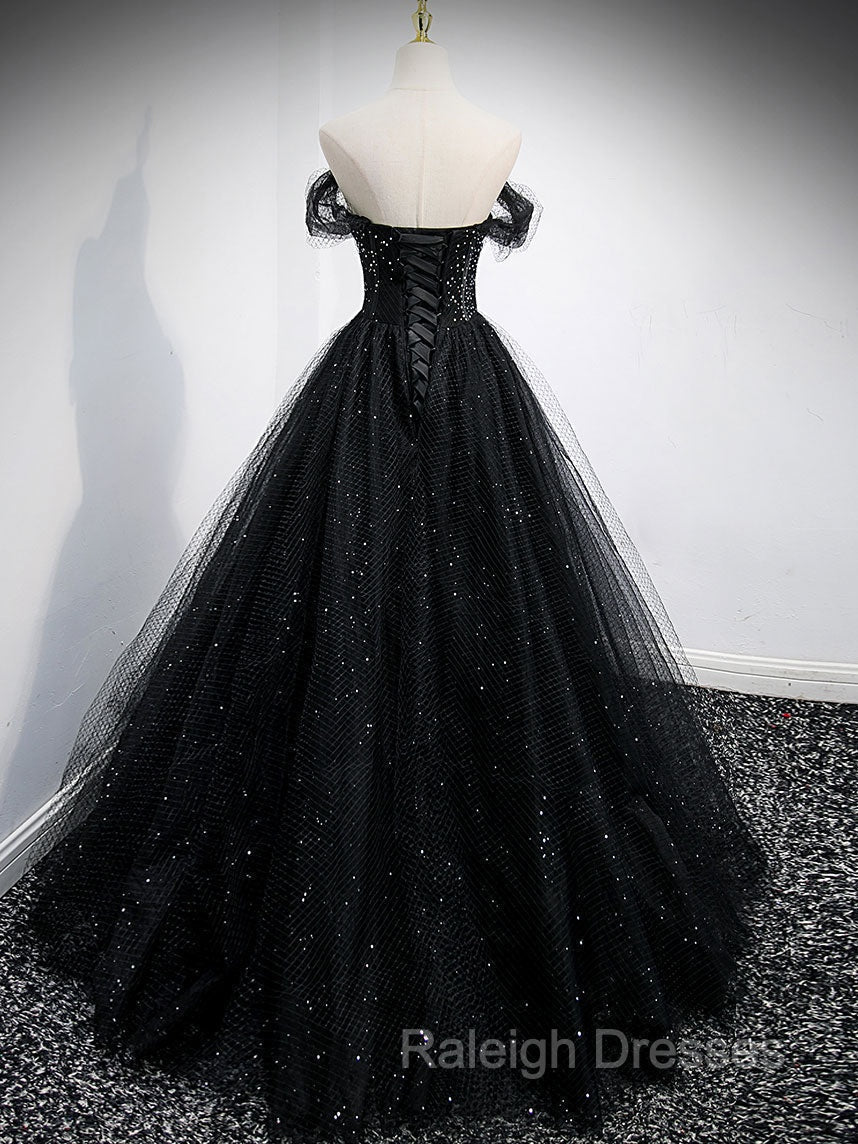 Black Sweetheart Off Shoulder Tulle Long Prom Dresses Black Prom Dresses