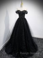 Black Sweetheart Off Shoulder Tulle Long Prom Dress, Black Evening Dress