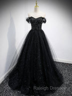 Black Sweetheart Off Shoulder Tulle Long Prom Dresses Black Prom Dresses