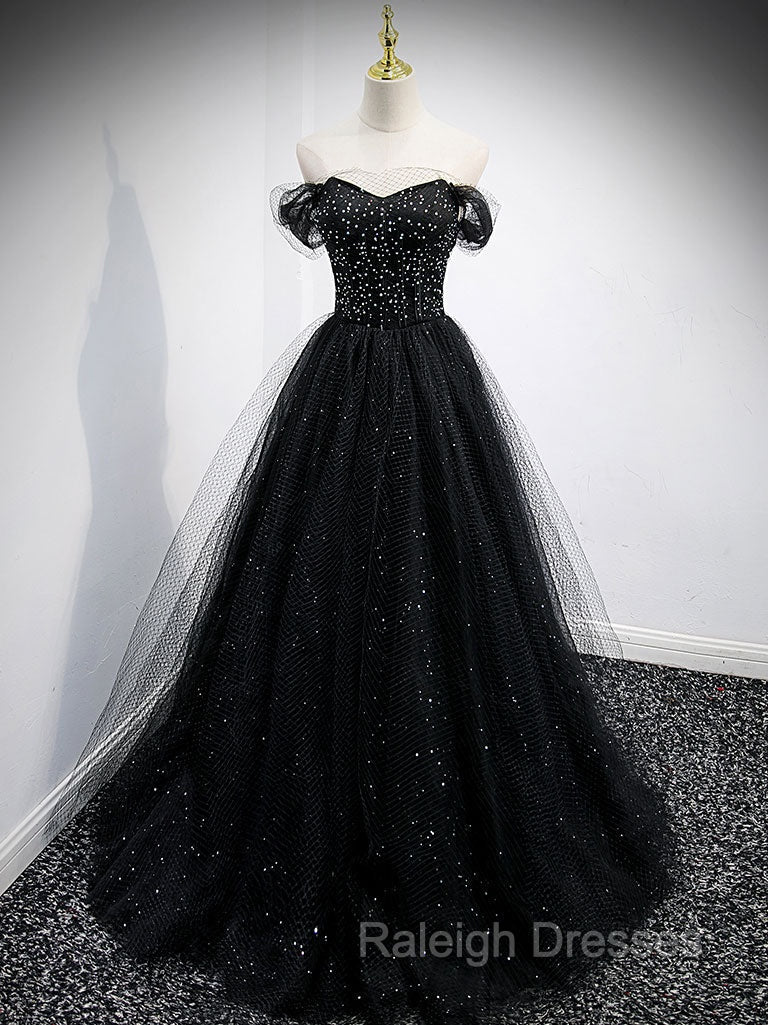 Black Sweetheart Off Shoulder Tulle Long Prom Dresses Black Prom Dresses