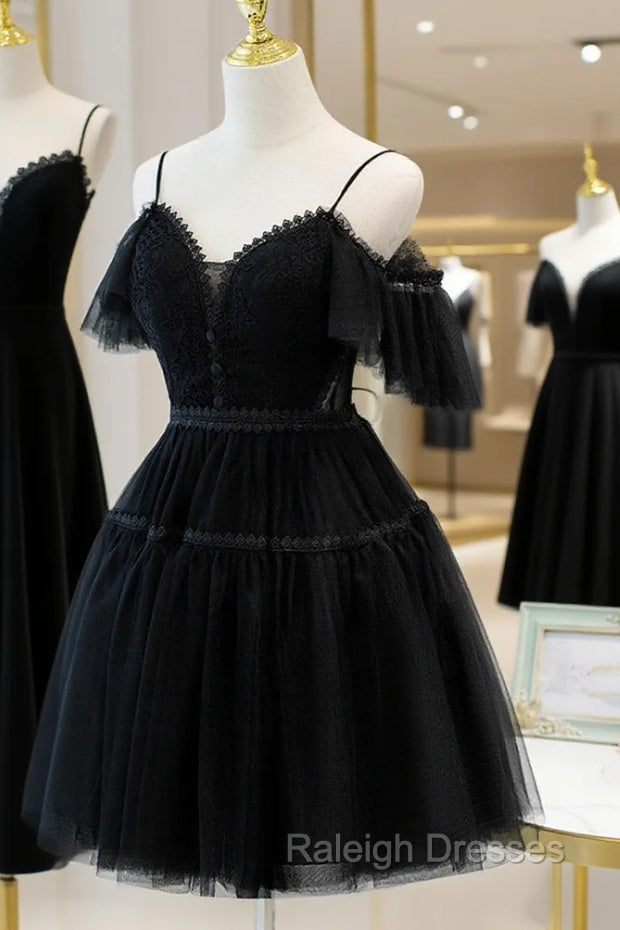 Black Sweetheart Straps Tulle Homecoming Dress, Black Off Shoulder Prom Dress
