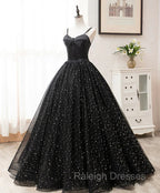 Black Sweetheart Straps Tulle Long Prom Gowns, Sleeveless Floor Length Prom Dresses
