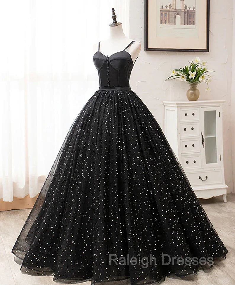 Black Sweetheart Straps Tulle Long Prom Gowns, Sleeveless Floor Length Prom Dresses