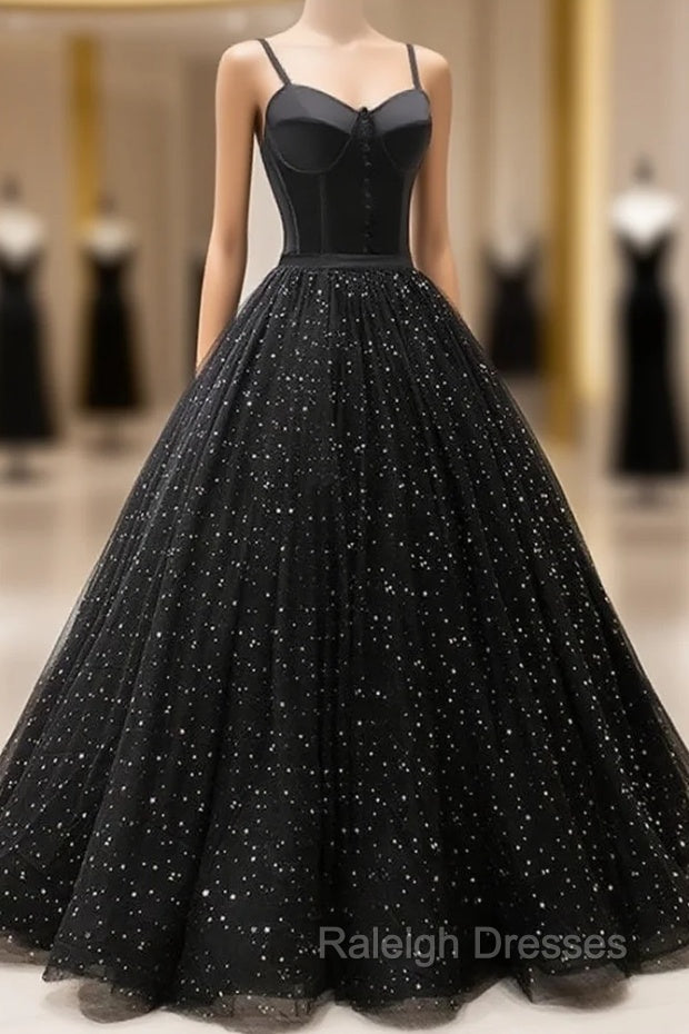 Black Sweetheart Straps Tulle Long Evening Gown, Sleeveless Floor-Length Prom Dresses