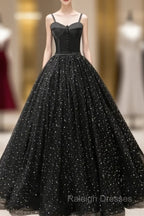 Black Sweetheart Straps Tulle Long Evening Gown Sleeveless Floor-Length Prom Dresses prom dresses shops