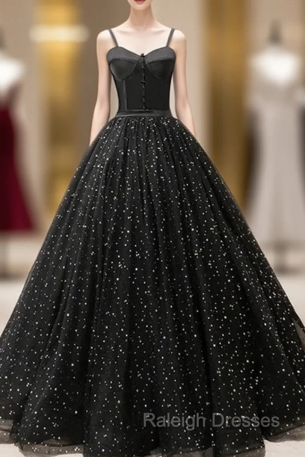 Black Sweetheart Straps Tulle Long Evening Gown Sleeveless Floor-Length Prom Dresses prom dresses shops