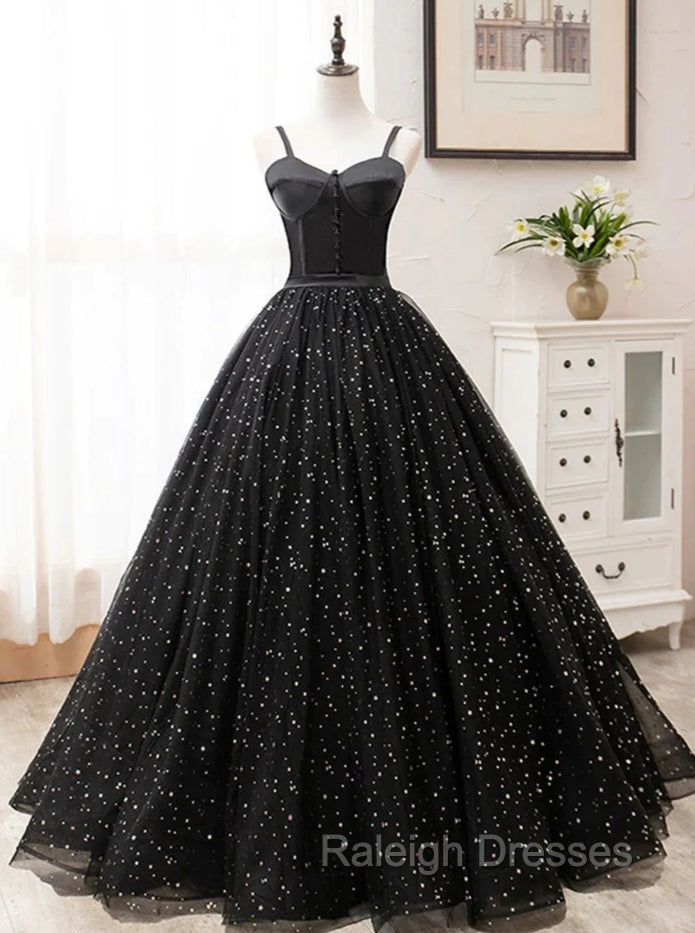 Black Sweetheart Straps Tulle Long Evening Gown, Sleeveless Floor-Length Prom Dresses Main image