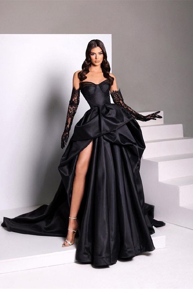 Black Fashion Sexy Taffeta Slit Long Elegant Ball Gown Evening Dress