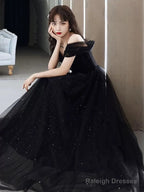 Black Sweetheart Tulle Off Shoulder A-Line Prom Dress, Straps Shiny Black Evening Dress