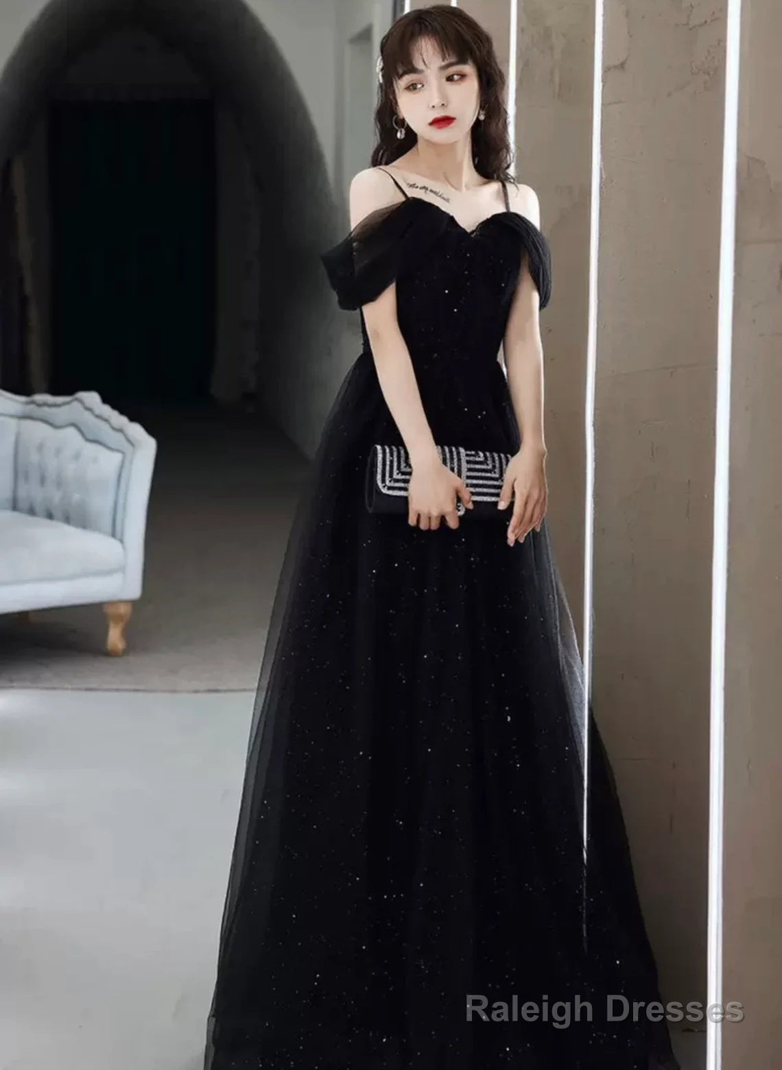 Black Sweetheart Tulle Off Shoulder A-Line Prom Dress, Straps Shiny Black Evening Dress
