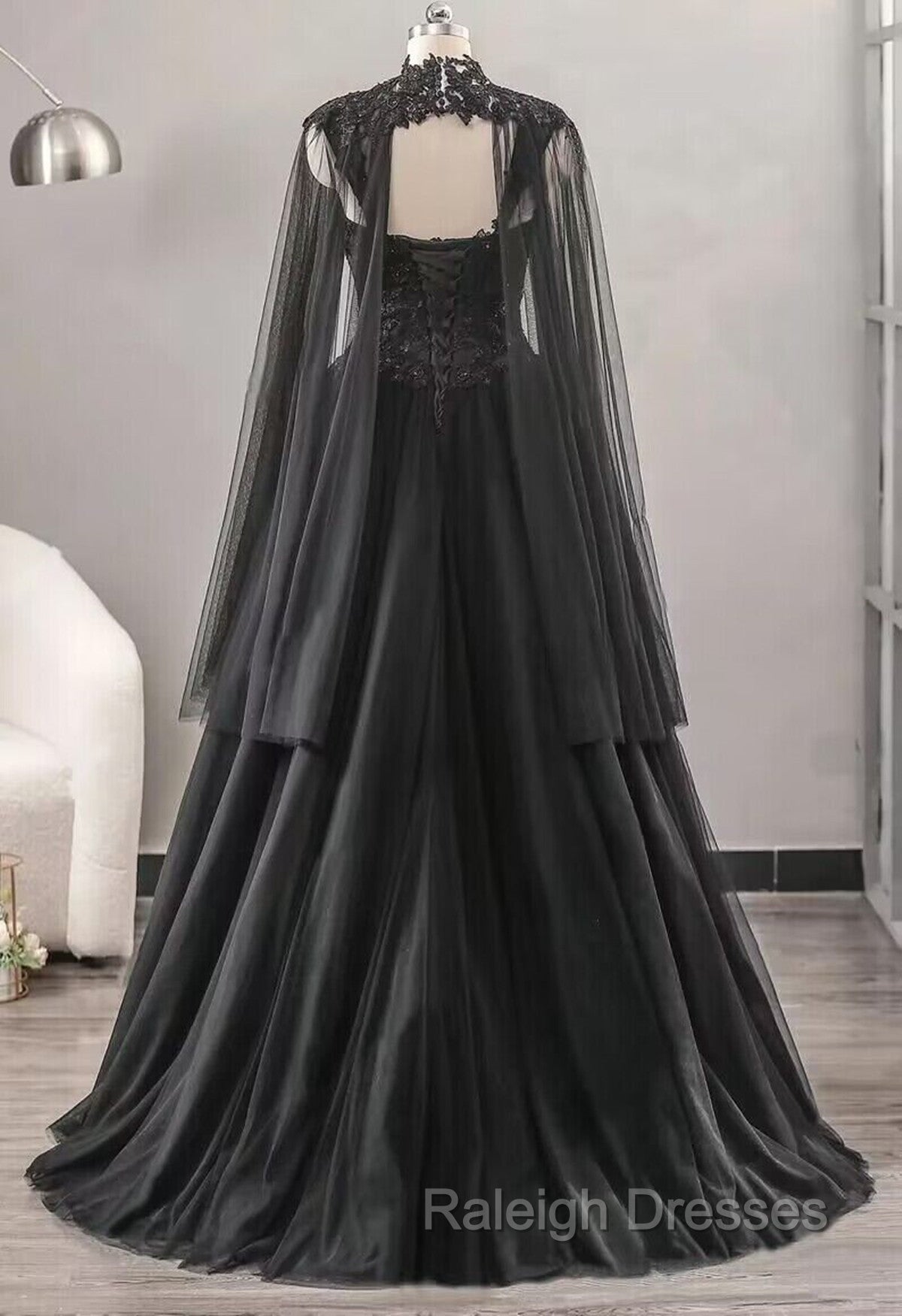 Black Sweetheart Tulle with Lace Long Sweet 16 Dress, Black Formal Dress with Cape Secondary image