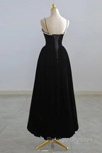 Black Tea Legnth Straps A Line Wedding Prom Dress, Black Bridesmaid Dress