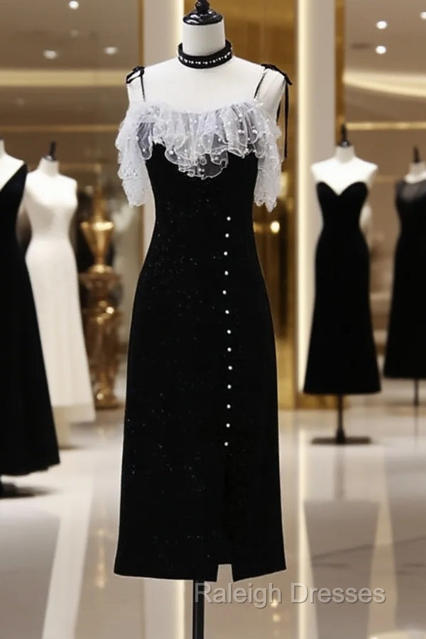 Black Tea Length Straps Beaded Formal Dress, Black Party Dress Evening Dress Main image