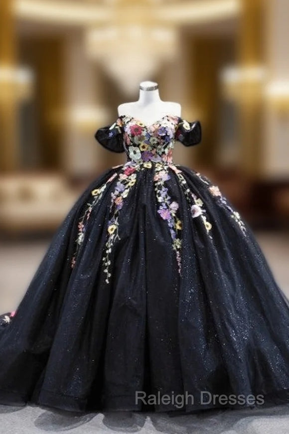Black Tulle 3D Flower Off the Shoulder Prom Dress Main image