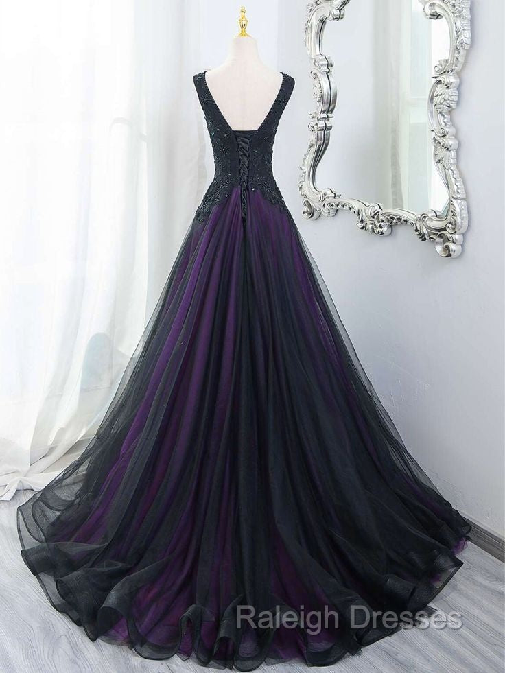 Black Tulle A-Line V-Neck Purple Satin Lace Applique Long Prom Dress With Beadings