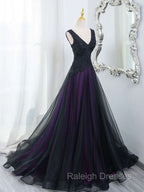 Black Tulle A-Line V-Neck Purple Satin Lace Applique Prom Dresses Long With Beadings